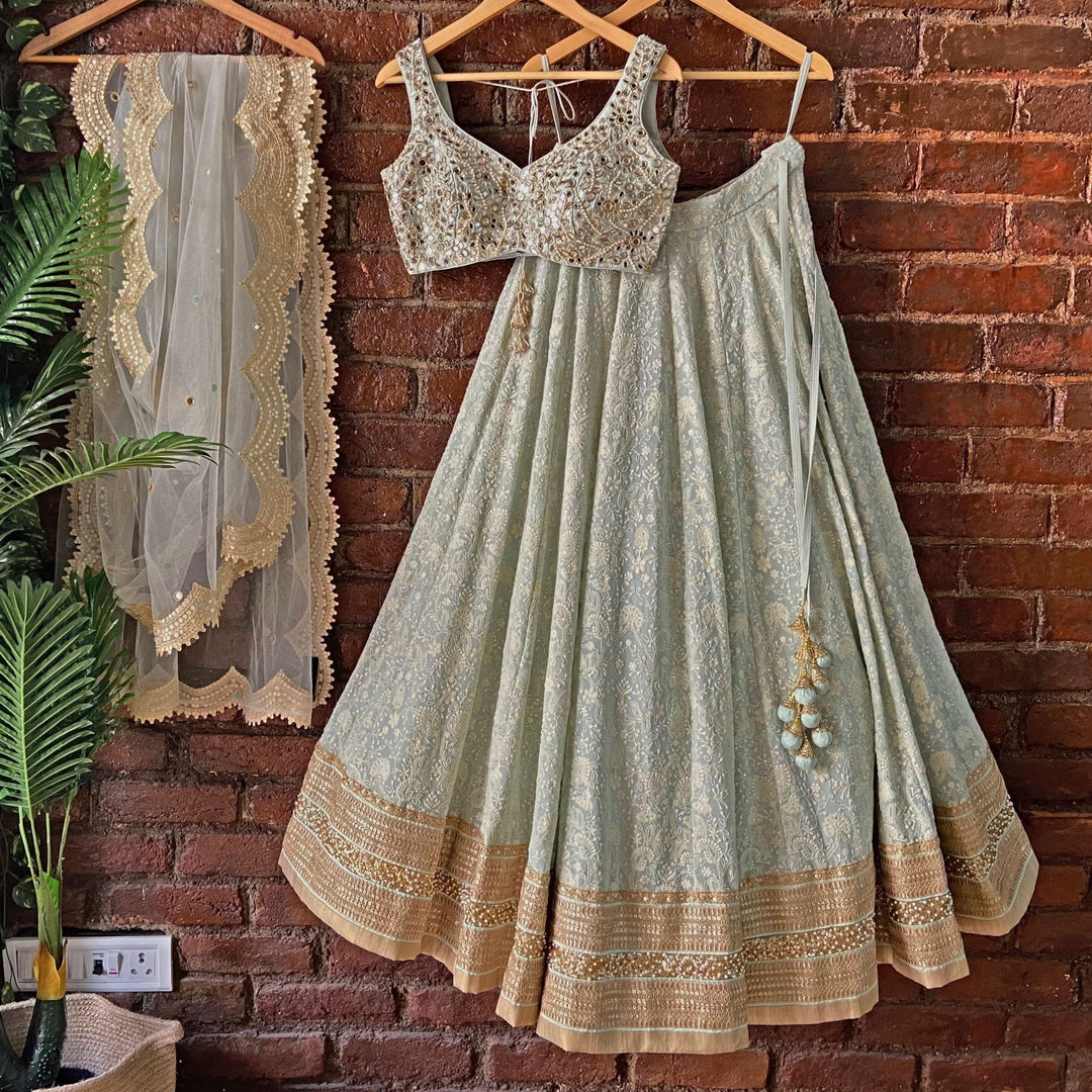 Mint Green Lucknowi Lehenga Set With Mirror Blouse and Mint Dupatta Priti Sahni - Fabilicious Fashion