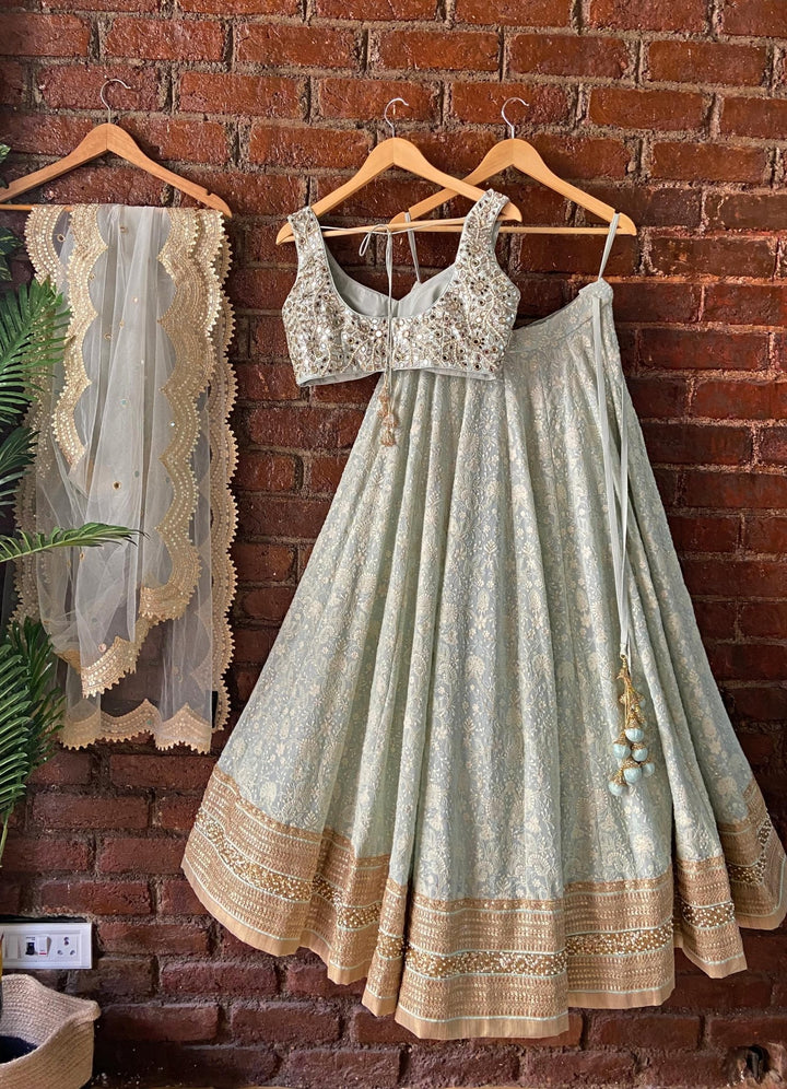 Mint Green Lucknowi Lehenga Set With Mirror Blouse and Mint Dupatta Priti Sahni - Fabilicious Fashion