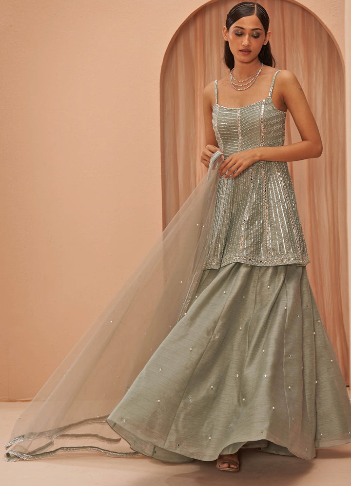 Mint Green mirror Embellised Peplum lehenga set Parul Gandhi - Fabilicious Fashion