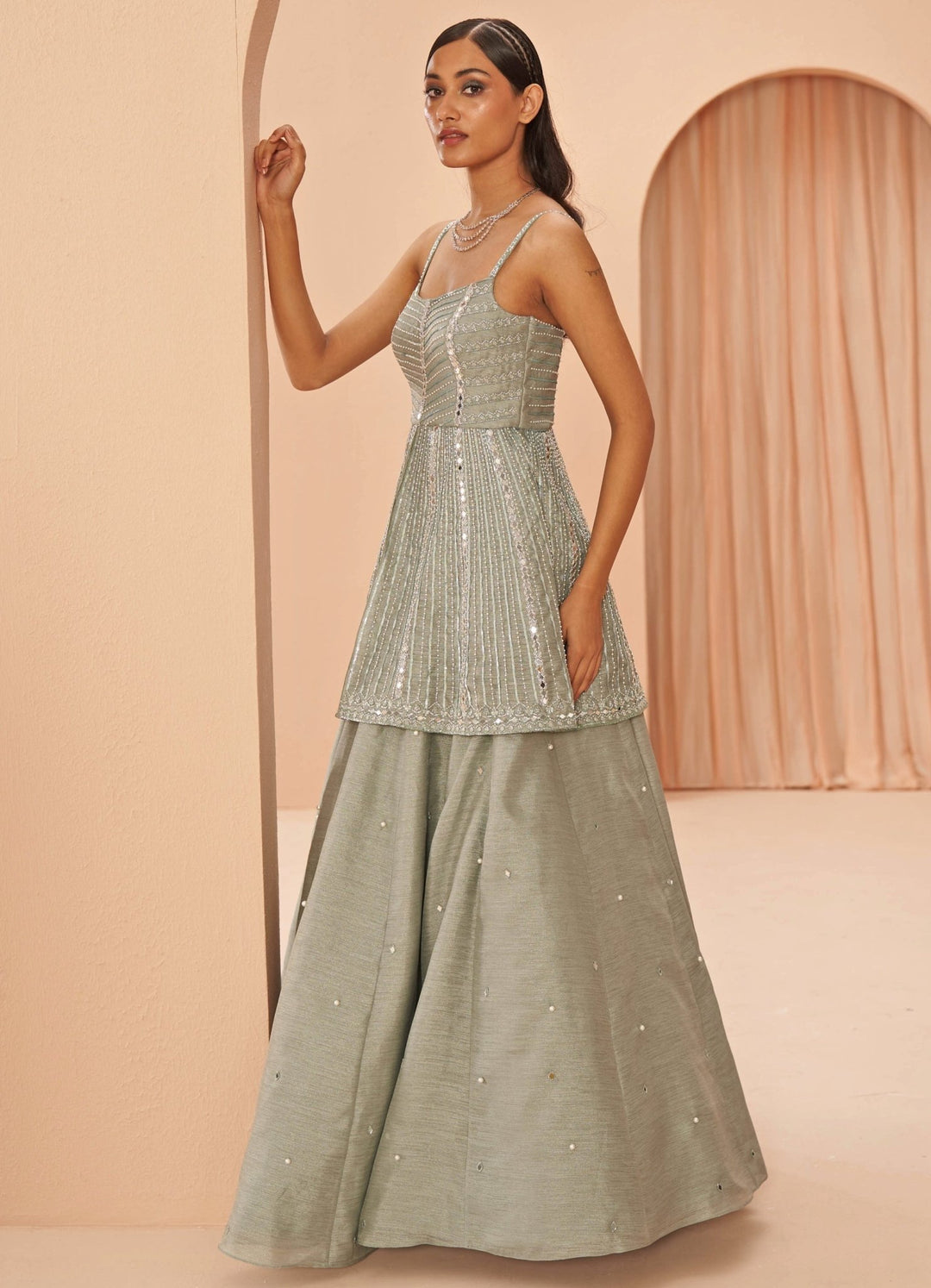 Mint Green mirror Embellised Peplum lehenga set Parul Gandhi - Fabilicious Fashion