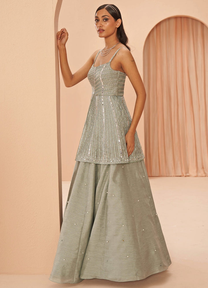 Mint Green mirror Embellised Peplum lehenga set Parul Gandhi - Fabilicious Fashion