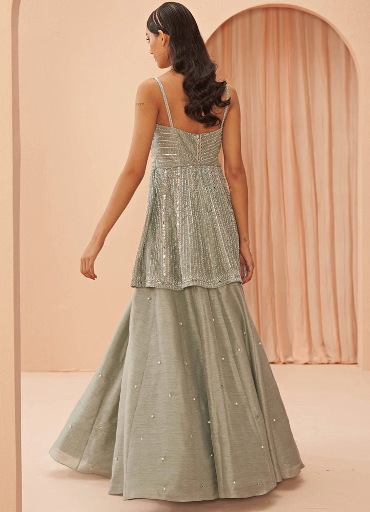 Mint Green mirror Embellised Peplum lehenga set Parul Gandhi - Fabilicious Fashion