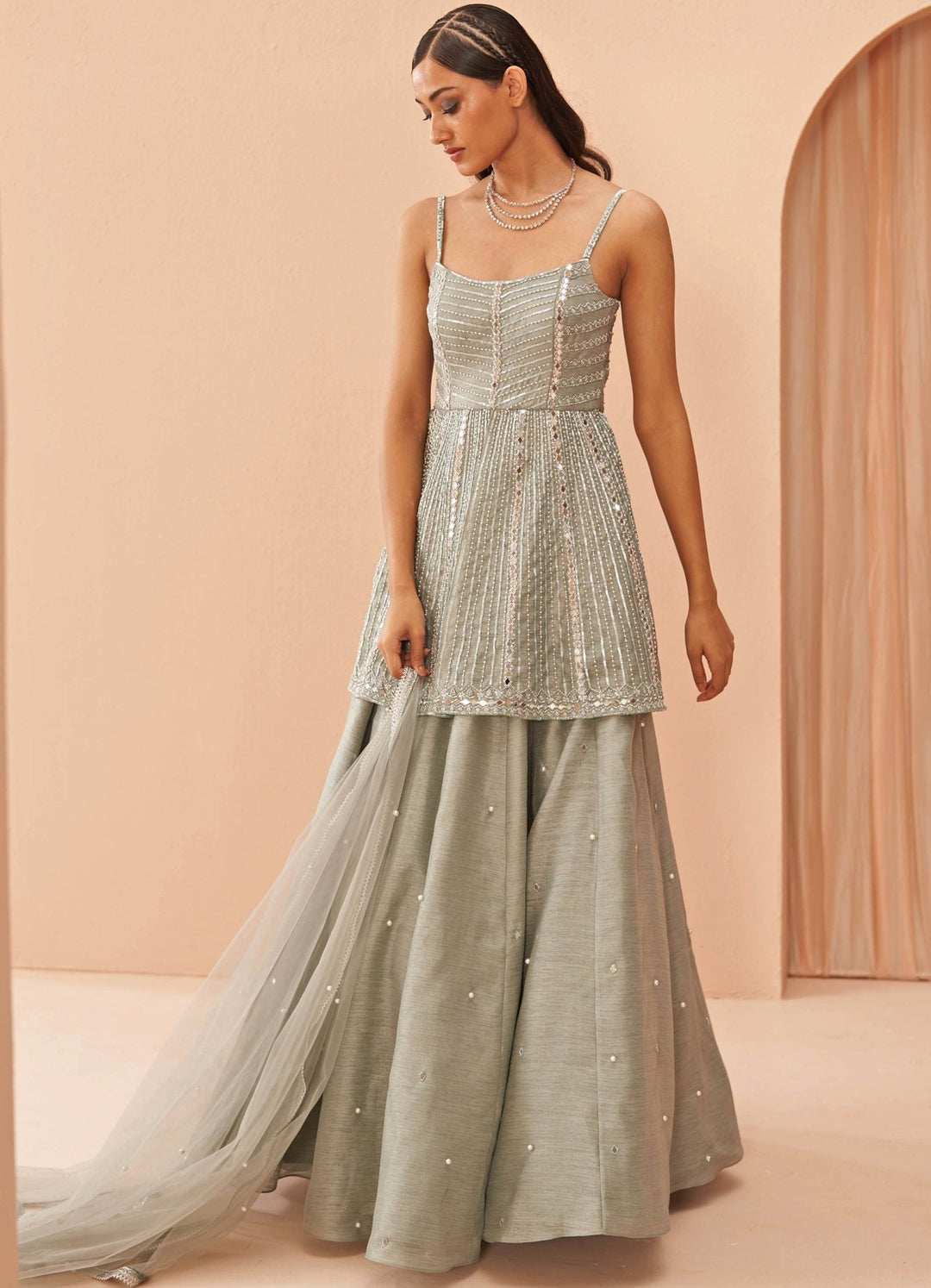 Mint Green mirror Embellised Peplum lehenga set Parul Gandhi - Fabilicious Fashion