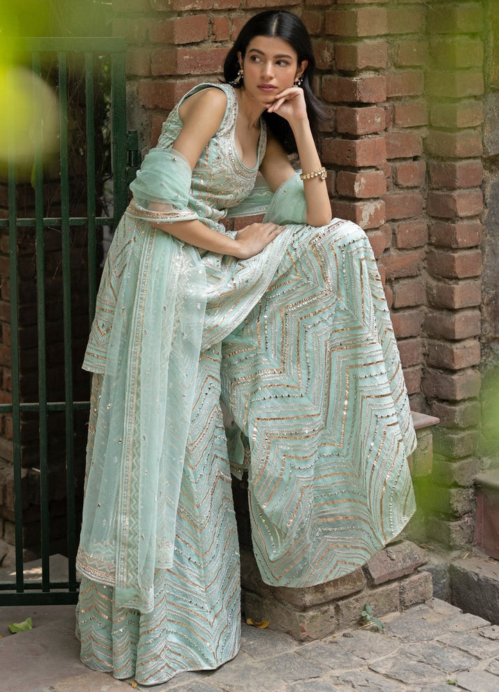 Mint Green Organza Sharara Set Angad Singh - Fabilicious Fashion