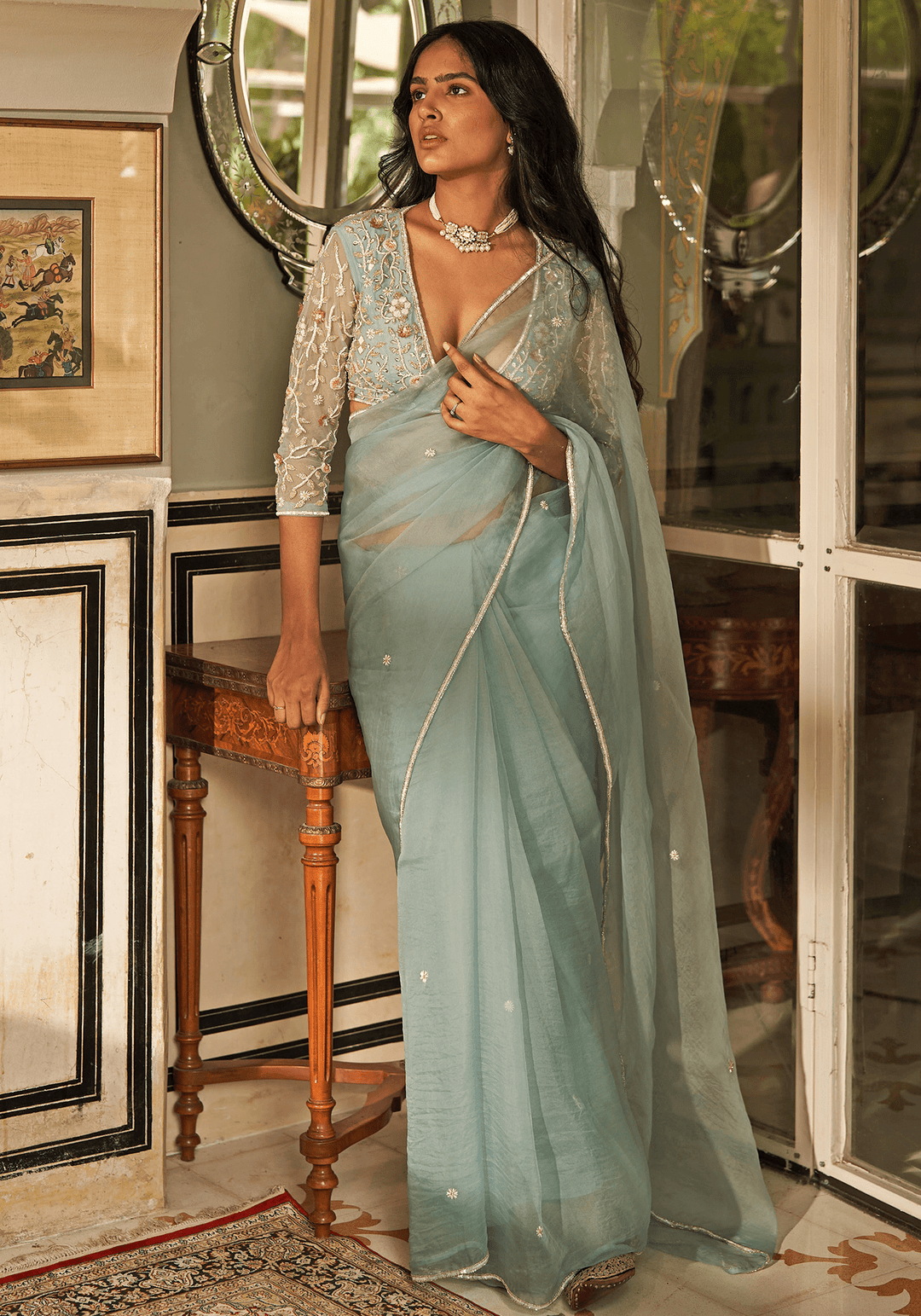 Mint Green Organza Silk Embroidered Saree Set Zoon Tribe - Fabilicious Fashion
