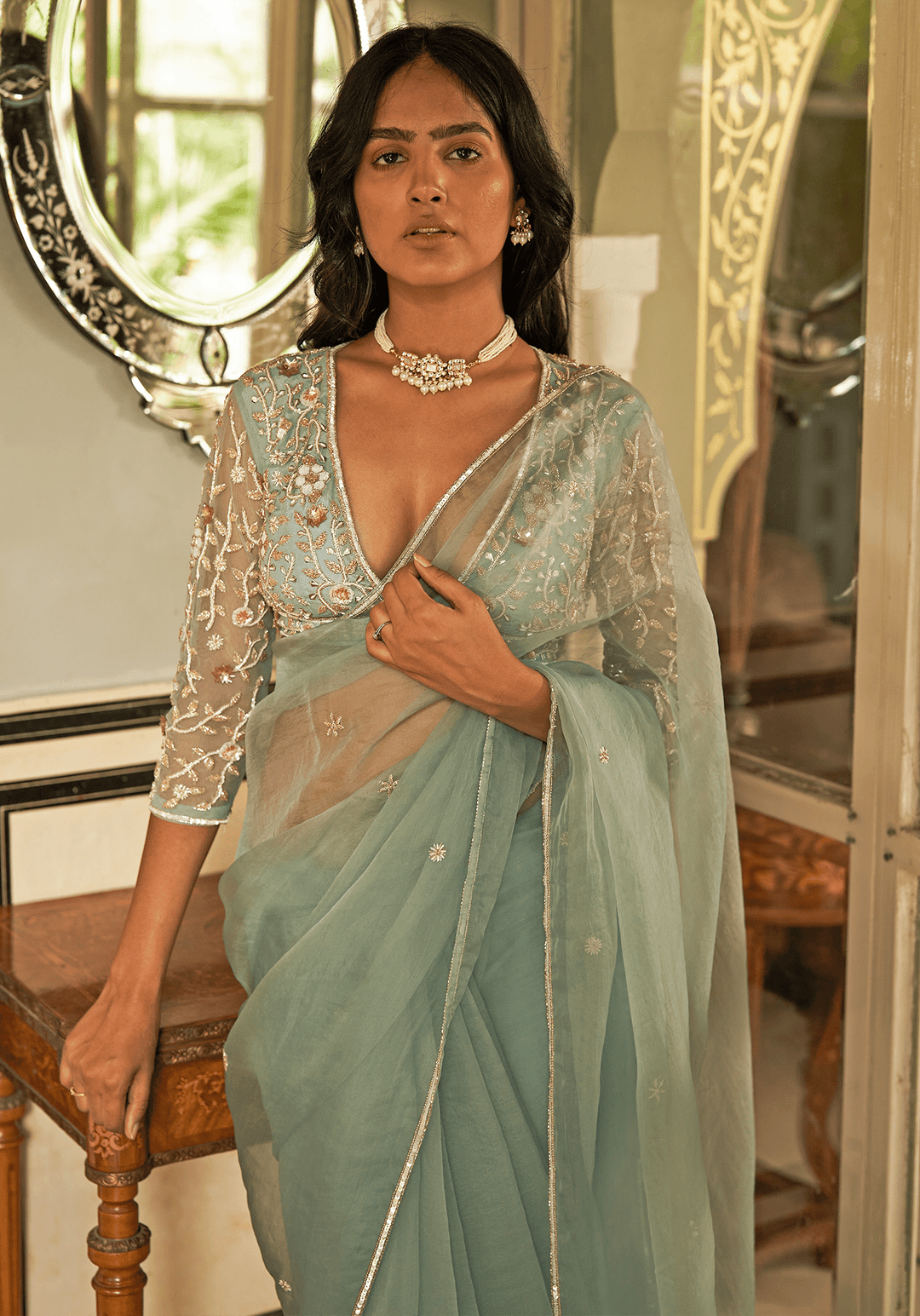 Mint Green Organza Silk Embroidered Saree Set Zoon Tribe - Fabilicious Fashion