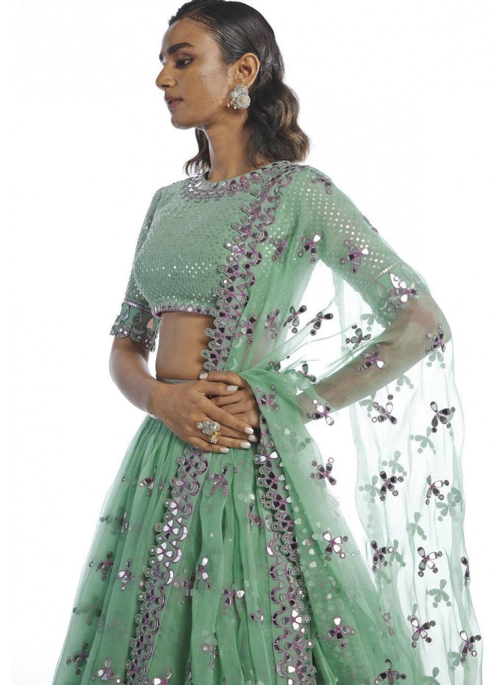 Mint Green Pleated Lehenga Set Vvani by Vani Vats - Fabilicious Fashion