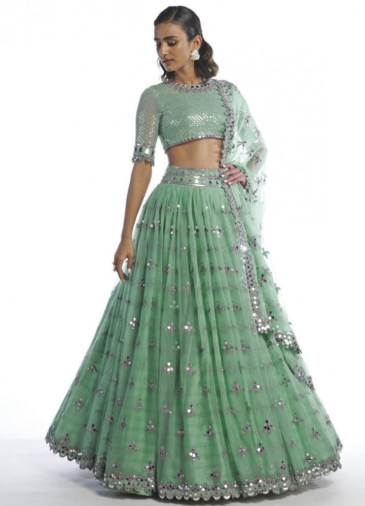 Mint Green Pleated Lehenga Set Vvani by Vani Vats - Fabilicious Fashion