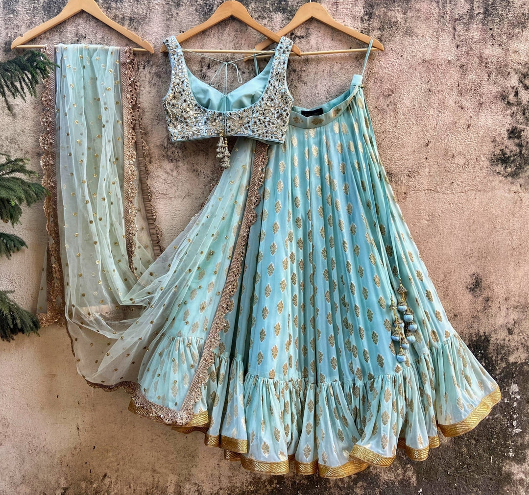 Mint Green Ruffle Lehenga With Embellished Blouse And Dupatta Priti Sahni - Fabilicious Fashion