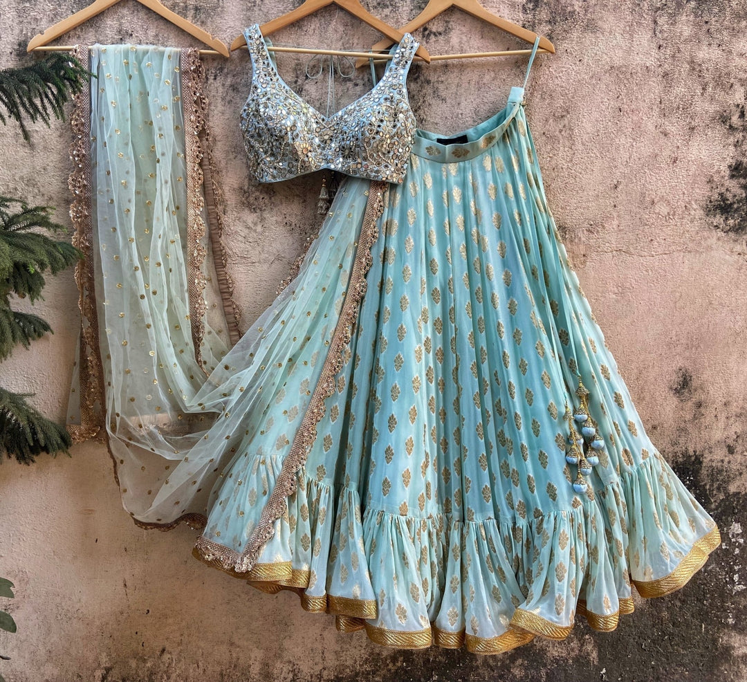 Mint Green Ruffle Lehenga With Embellished Blouse And Dupatta Priti Sahni - Fabilicious Fashion