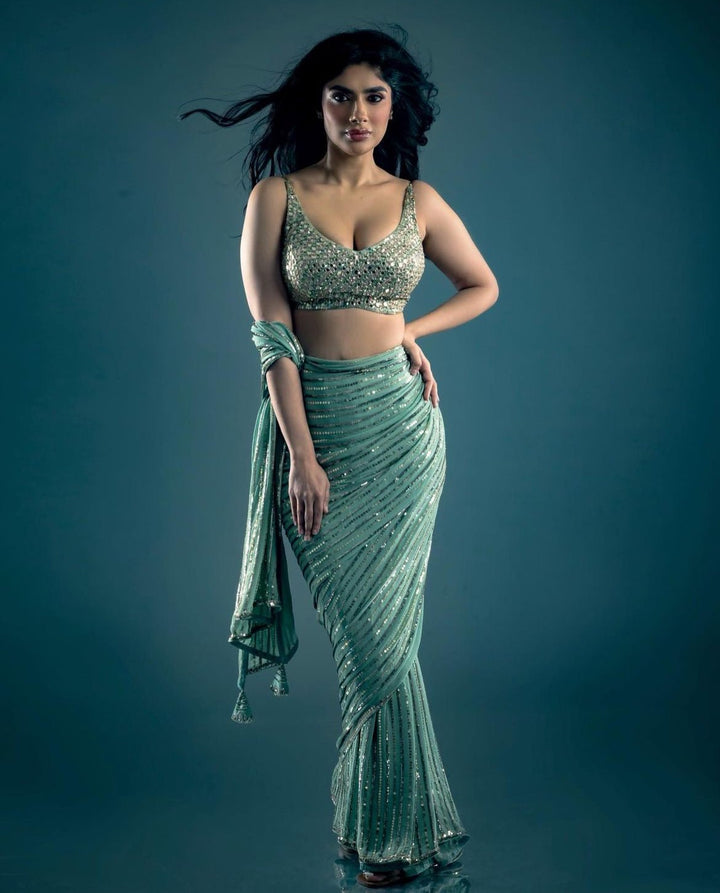 Mint Green Sequinned Saree set Prevasu - Fabilicious Fashion