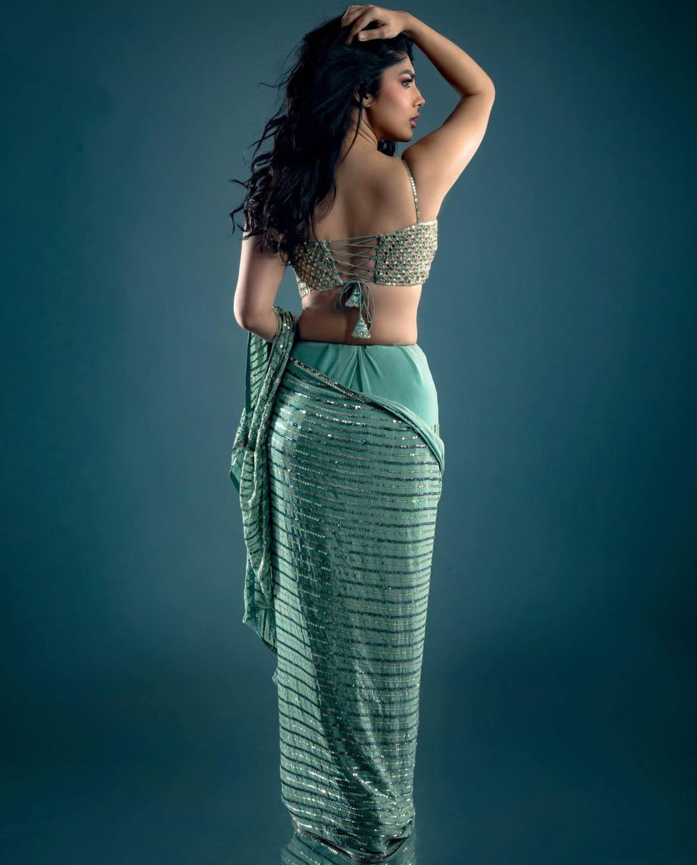 Mint Green Sequinned Saree set Prevasu - Fabilicious Fashion