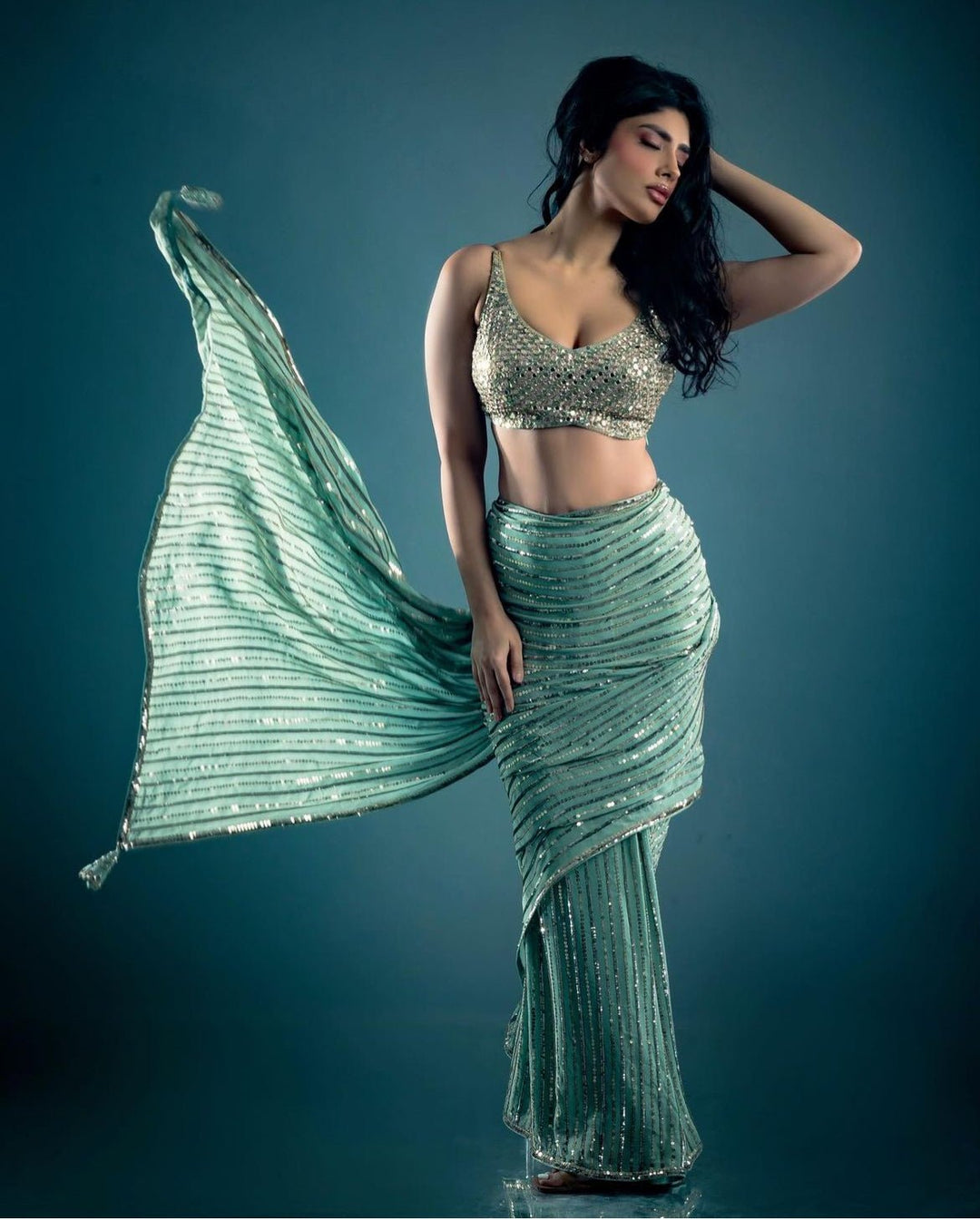 Mint Green Sequinned Saree set Prevasu - Fabilicious Fashion