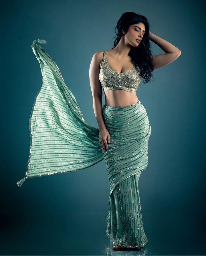Mint Green Sequinned Saree set Prevasu - Fabilicious Fashion