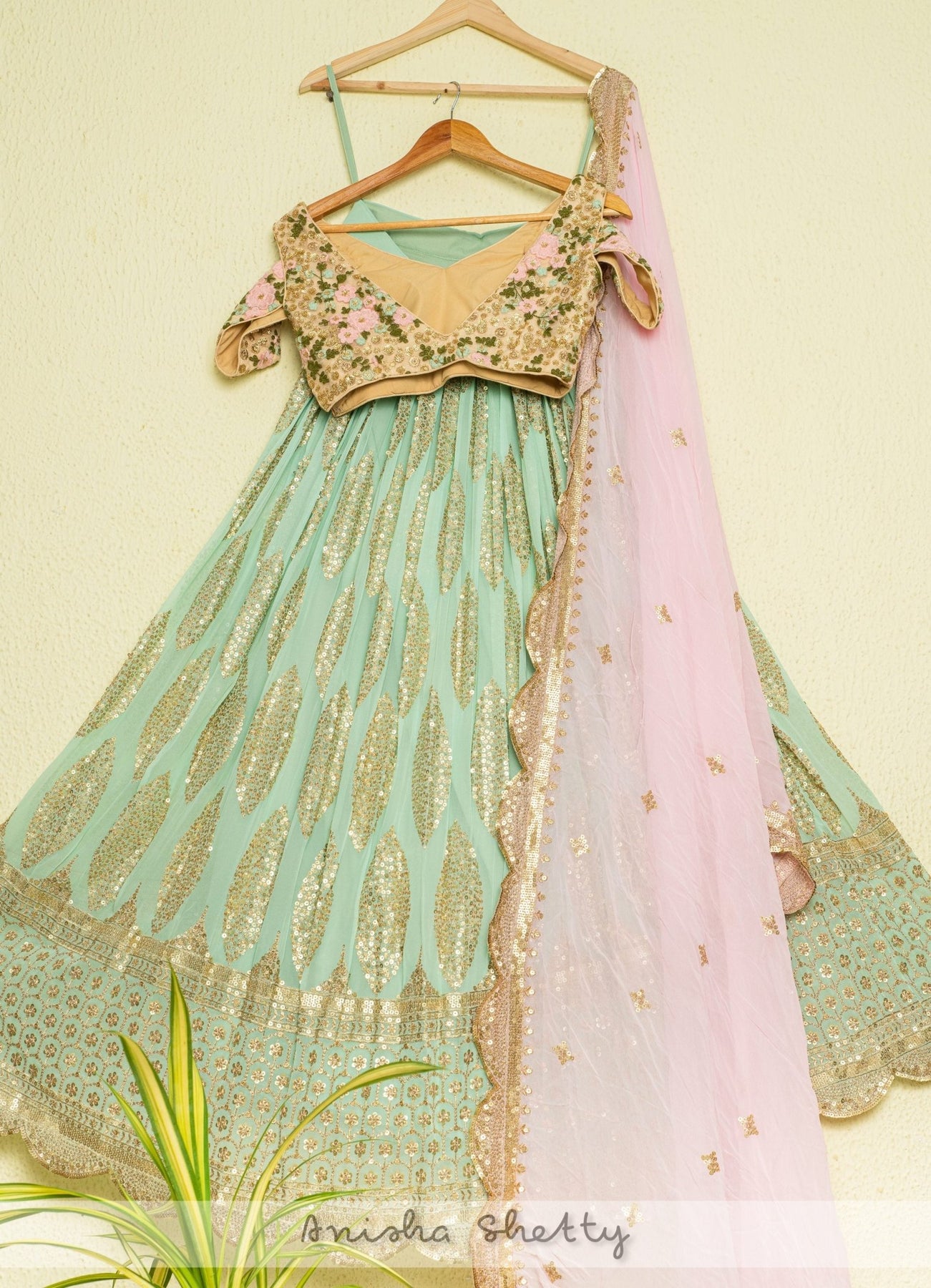 Mint Shimmer Lehenga With Oyster Floral Blouse and Pink Dupatta