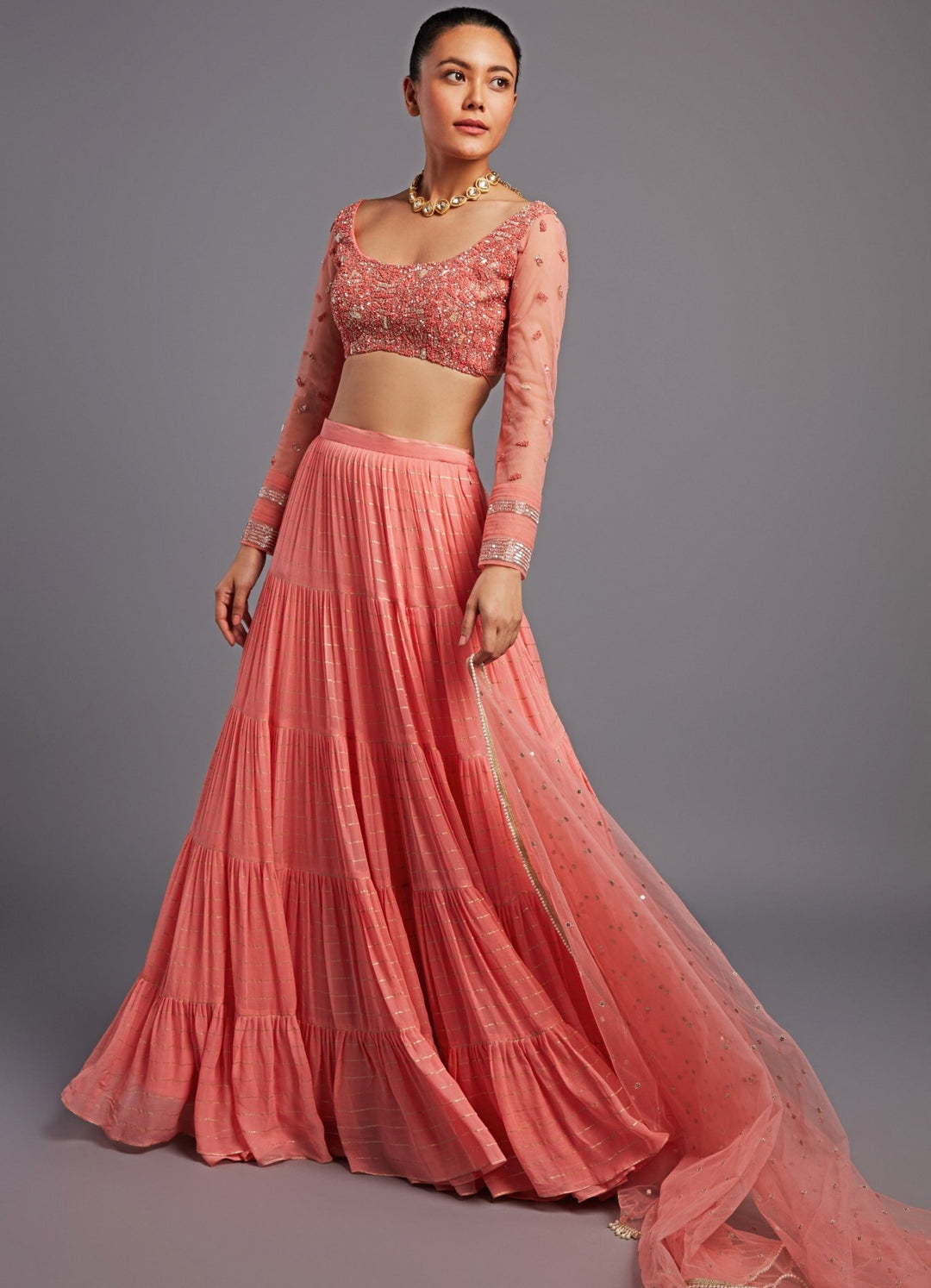 Mirai Coral Peach Tiered Lehenga Set Chamee n Palak - Fabilicious Fashion