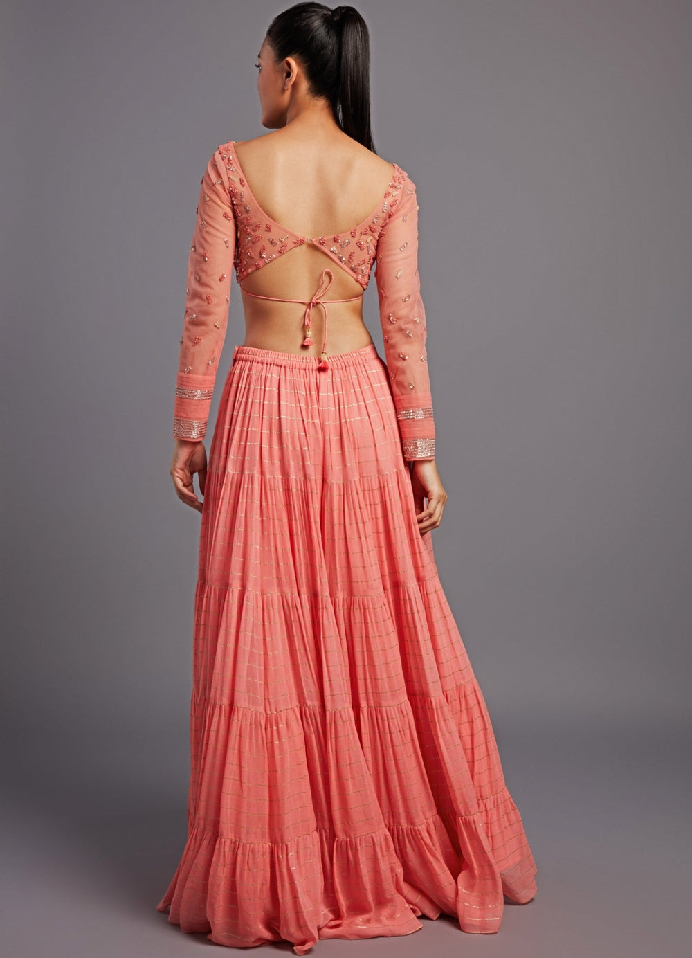 Mirai Coral Peach Tiered Lehenga Set Chamee n Palak - Fabilicious Fashion