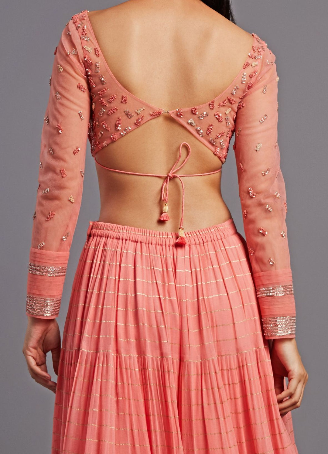 Mirai Coral Peach Tiered Lehenga Set Chamee n Palak - Fabilicious Fashion