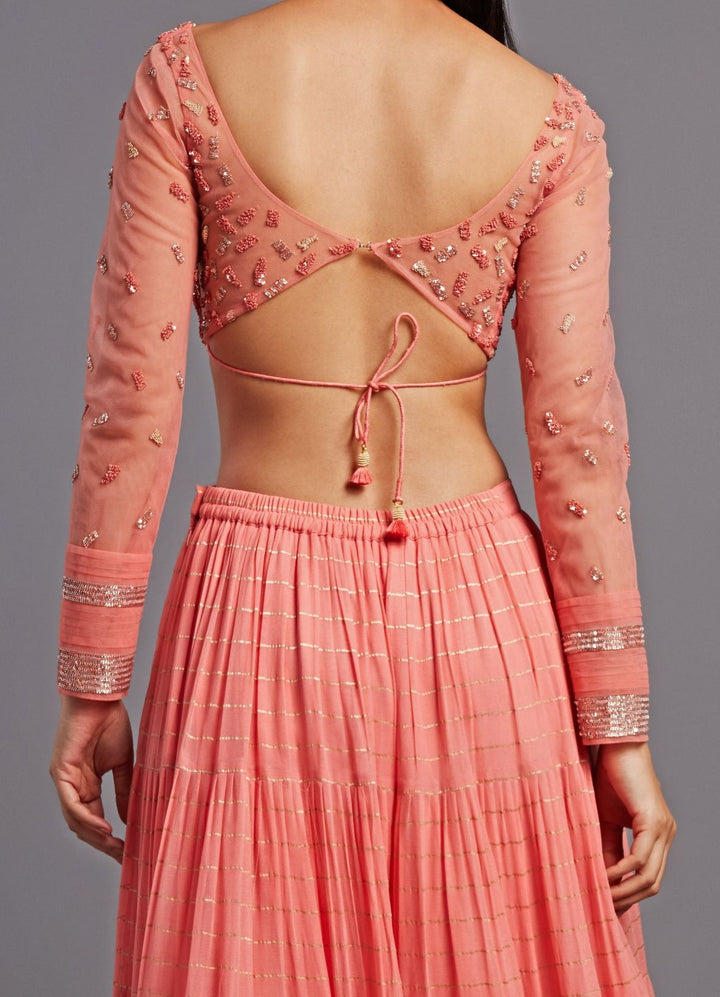 Mirai Coral Peach Tiered Lehenga Set Chamee n Palak - Fabilicious Fashion