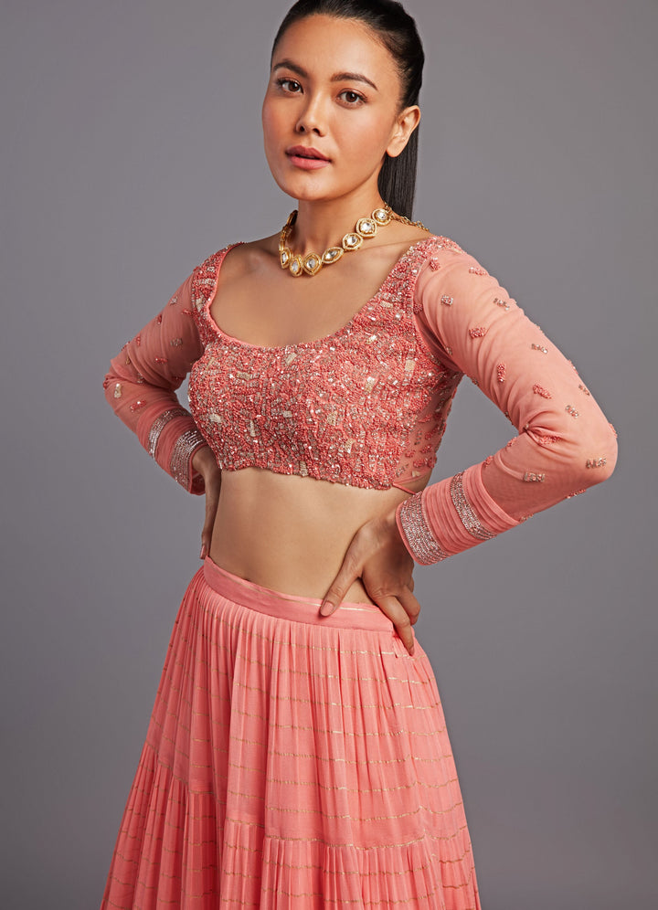 Mirai Coral Peach Tiered Lehenga Set Chamee n Palak - Fabilicious Fashion