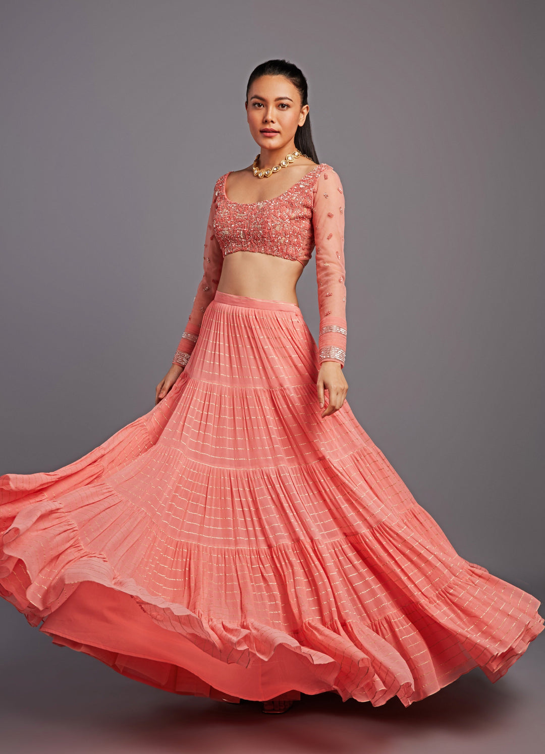 Mirai Coral Peach Tiered Lehenga Set Chamee n Palak - Fabilicious Fashion