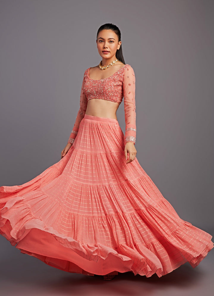 Mirai Coral Peach Tiered Lehenga Set Chamee n Palak - Fabilicious Fashion