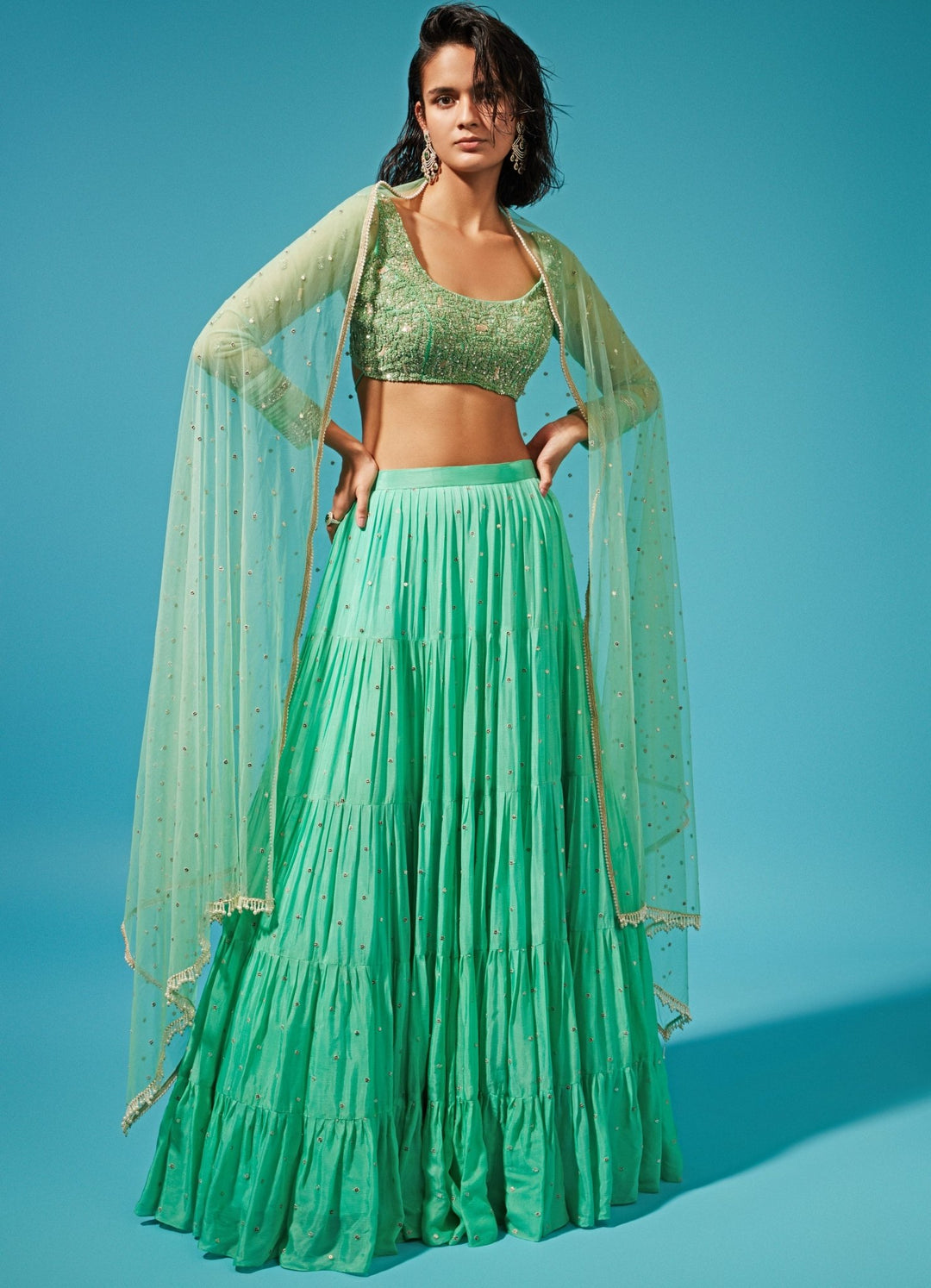 Mirai Green Tiered Lehenga Set Chamee n Palak - Fabilicious Fashion