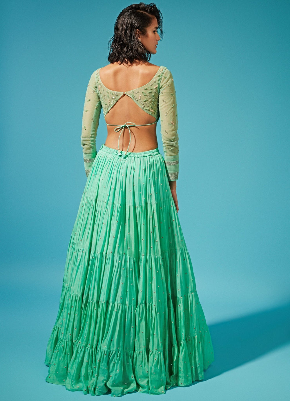 Mirai Green Tiered Lehenga Set Chamee n Palak - Fabilicious Fashion