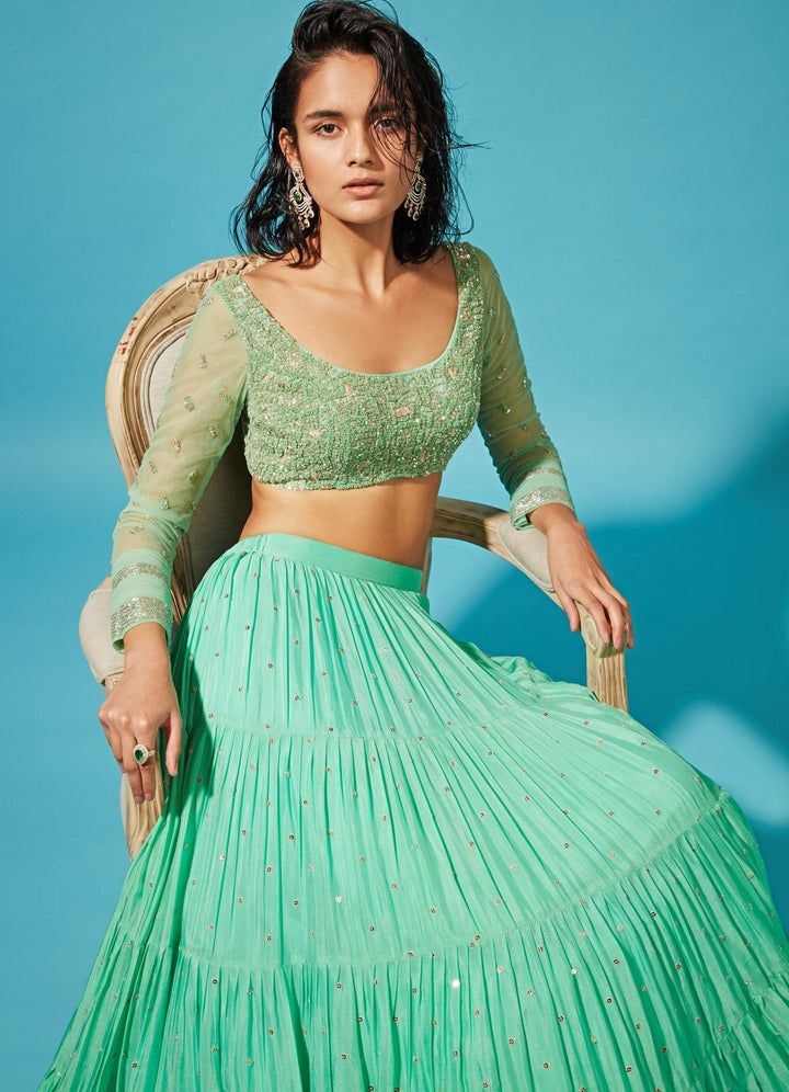 Mirai Green Tiered Lehenga Set Chamee n Palak - Fabilicious Fashion
