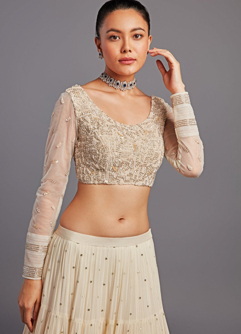 Mirai Ivory Tiered Lehenga Set Chamee n Palak - Fabilicious Fashion