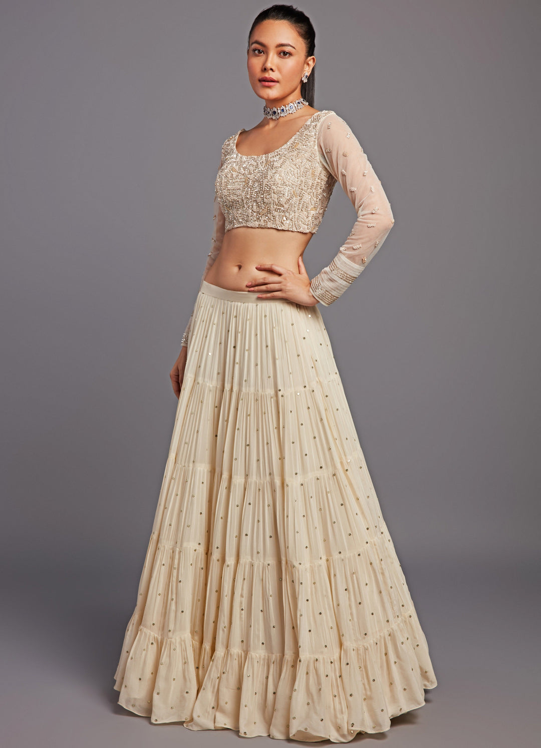 Mirai Ivory Tiered Lehenga Set Chamee n Palak - Fabilicious Fashion