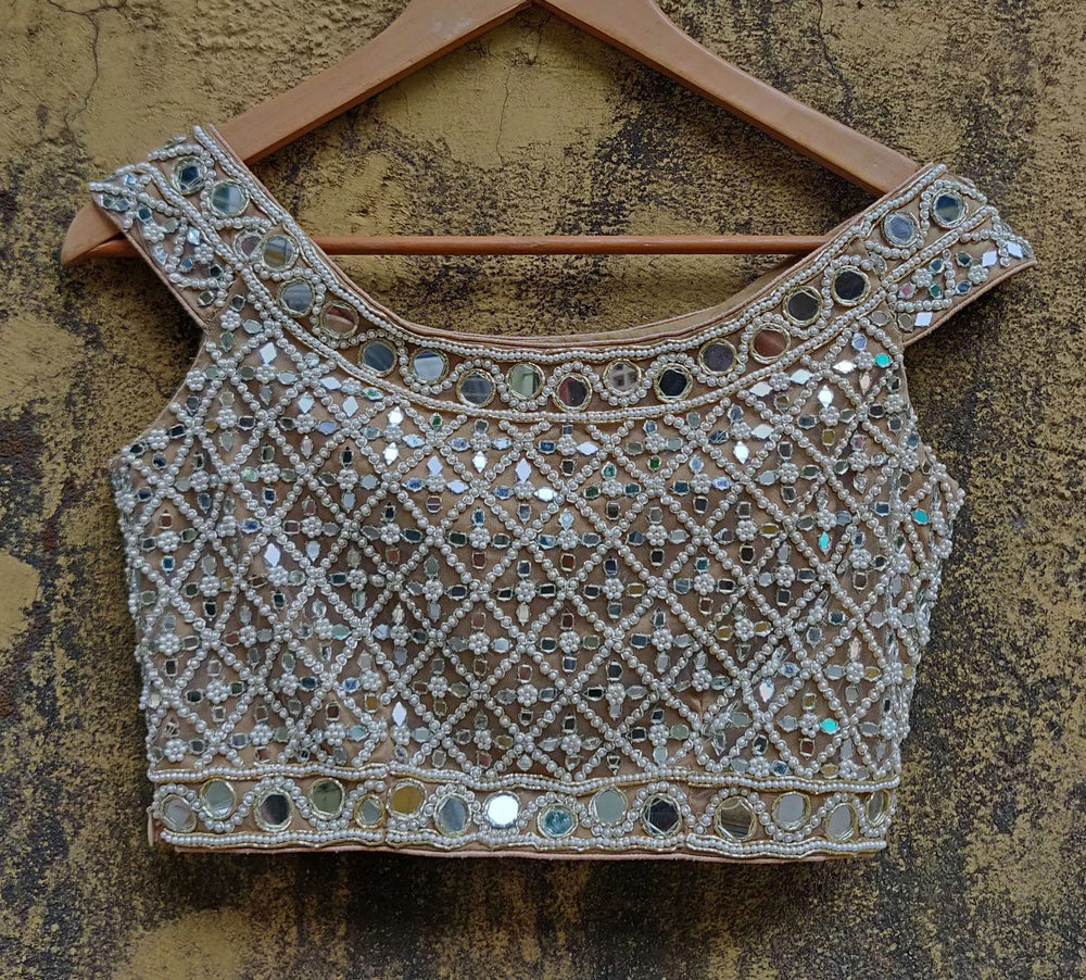 Mirror and Pearl Hand Embroidered Off Shoulder Blouse Priti Sahni - Fabilicious Fashion