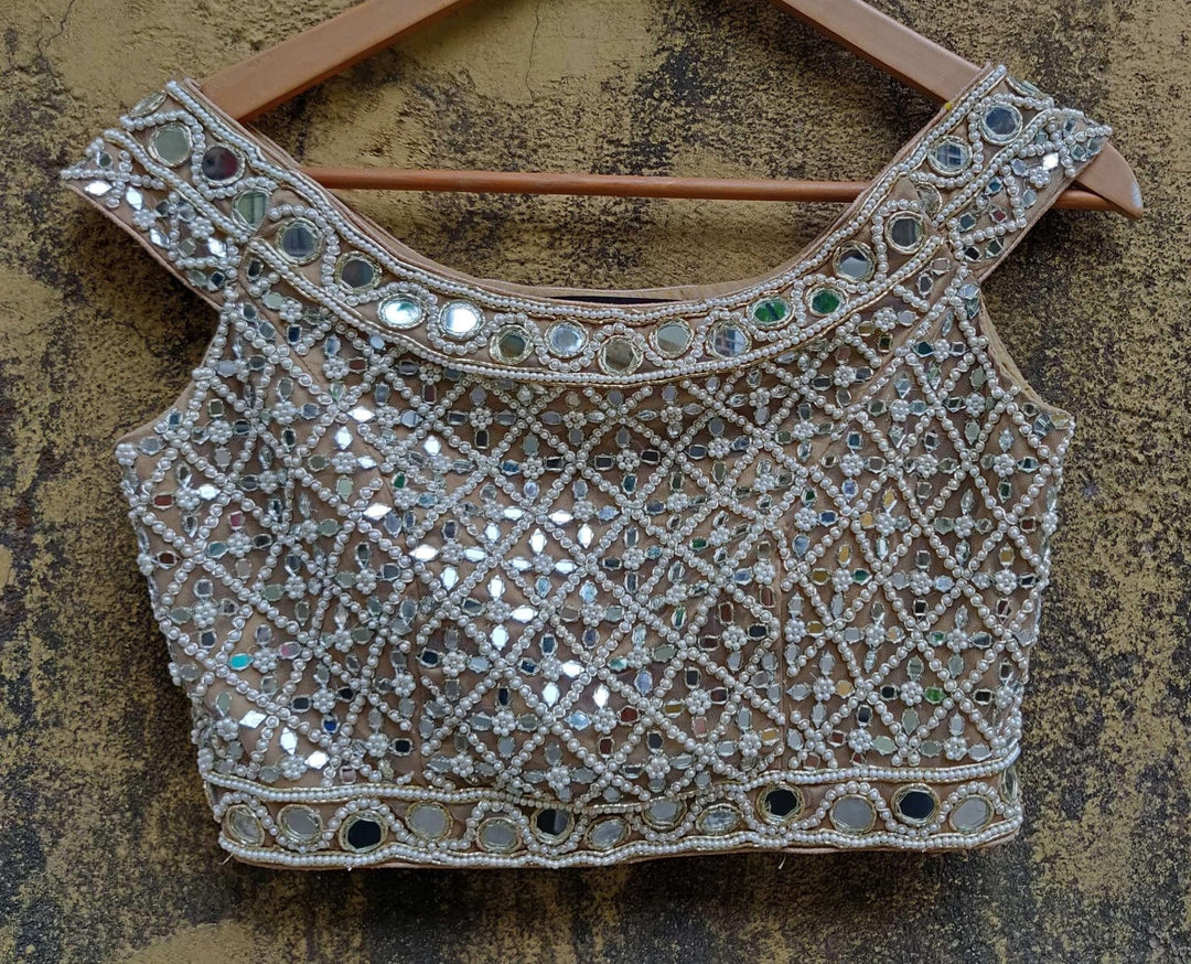 Mirror and Pearl Hand Embroidered Off Shoulder Blouse Priti Sahni - Fabilicious Fashion