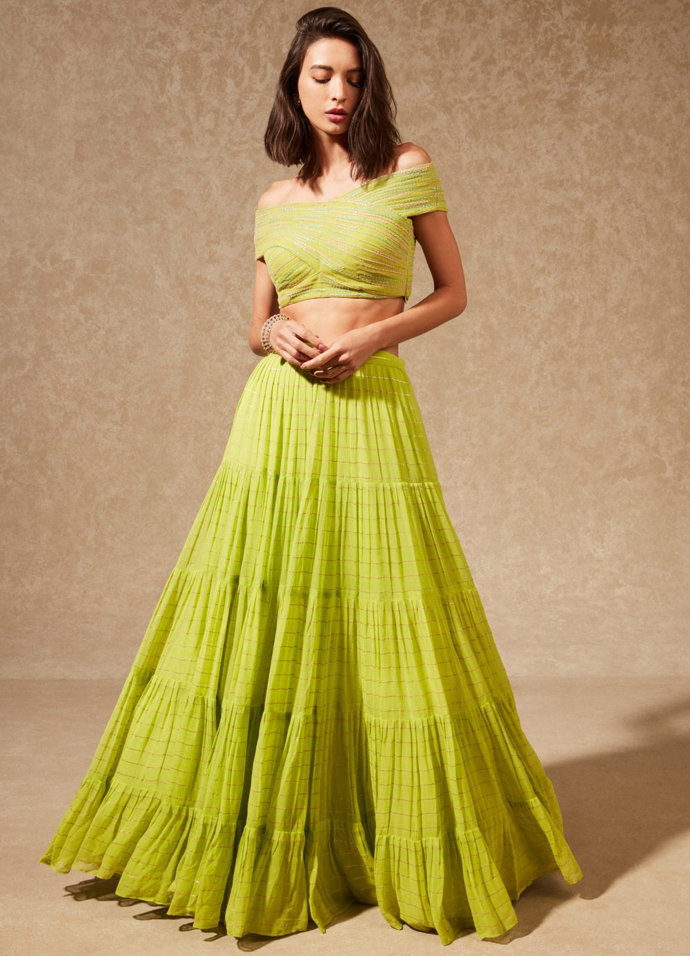 Miyu Green Off Shoulder Blouse And Lehenga Chamee n Palak - Fabilicious Fashion