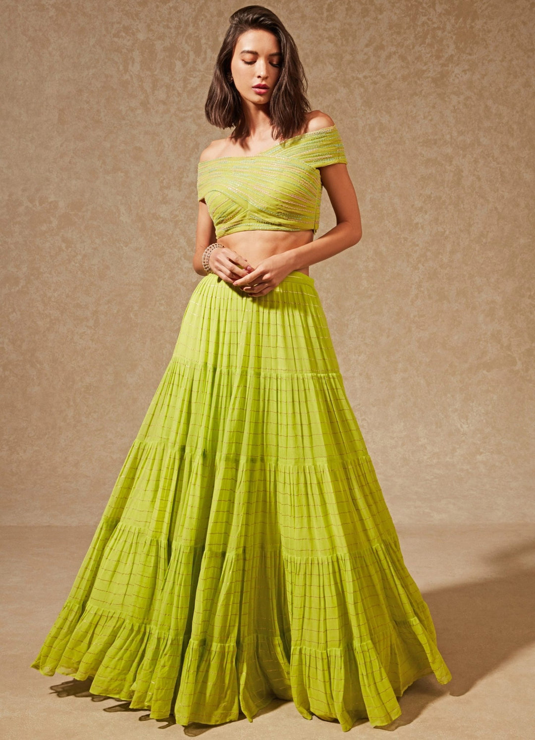 Miyu Green Off Shoulder Blouse And Lehenga Chamee n Palak - Fabilicious Fashion