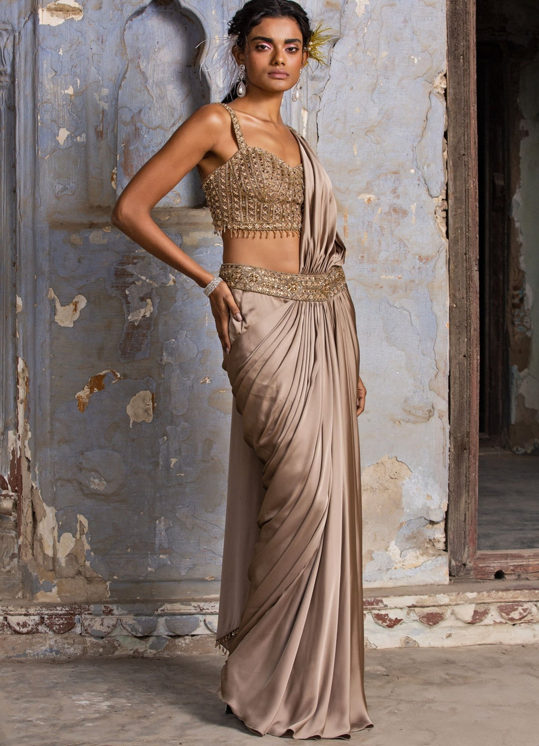Mocha Hued Satin Embellished Drape Saree Set Nitika Gujral - Fabilicious Fashion