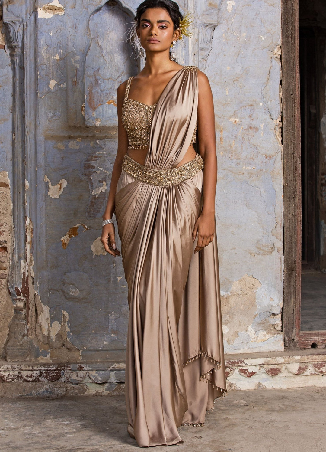 Mocha Hued Satin Embellished Drape Saree Set Nitika Gujral - Fabilicious Fashion