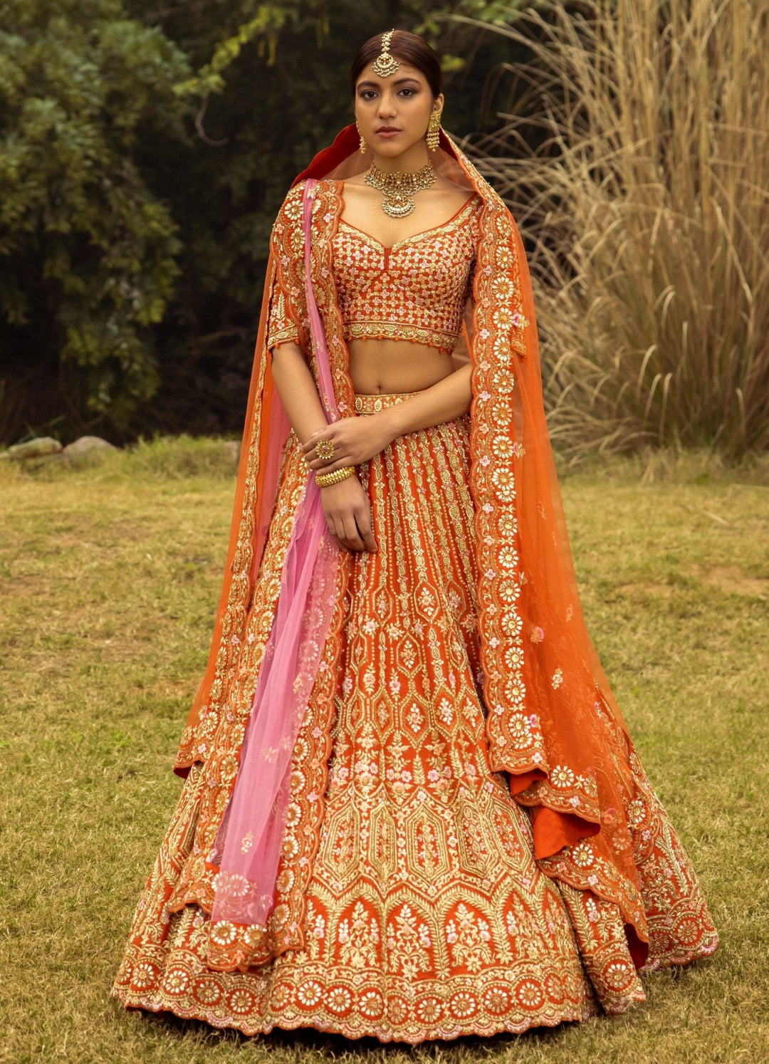 Mohini Rust Double Dupatta Embroidered Silk Lehenga Set Angad Singh - Fabilicious Fashion