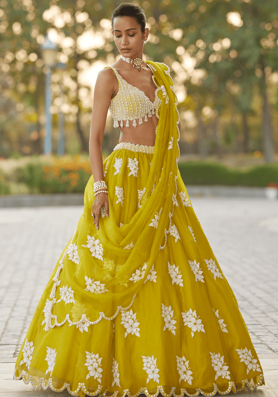 Moss Green Applique Lehenga With Sequinned Blouse Vvani by Vani Vats - Fabilicious Fashion