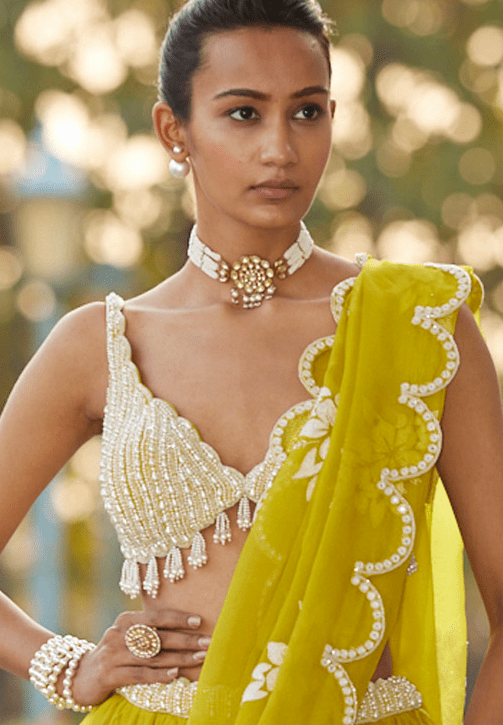 Moss Green Applique Lehenga With Sequinned Blouse Vvani by Vani Vats - Fabilicious Fashion