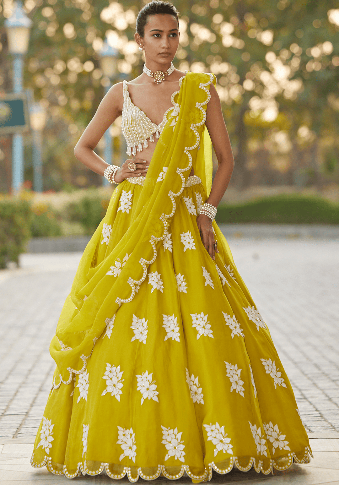 Moss Green Applique Lehenga With Sequinned Blouse Vvani by Vani Vats - Fabilicious Fashion