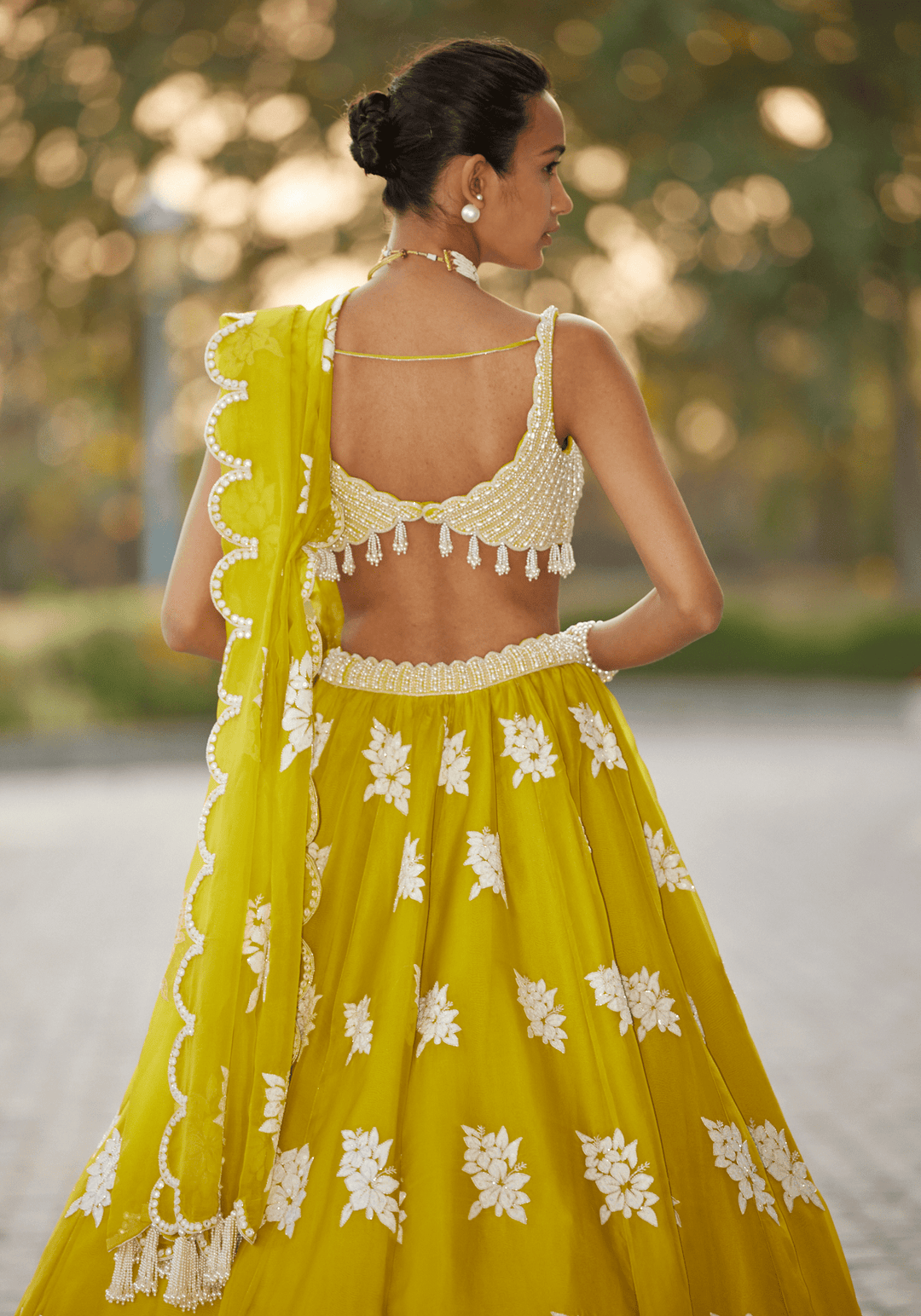 Moss Green Applique Lehenga With Sequinned Blouse Vvani by Vani Vats - Fabilicious Fashion