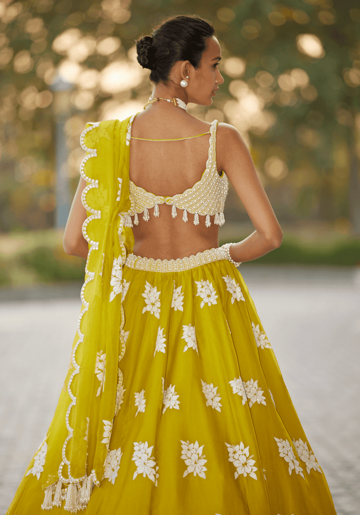 Moss Green Applique Lehenga With Sequinned Blouse Vvani by Vani Vats - Fabilicious Fashion