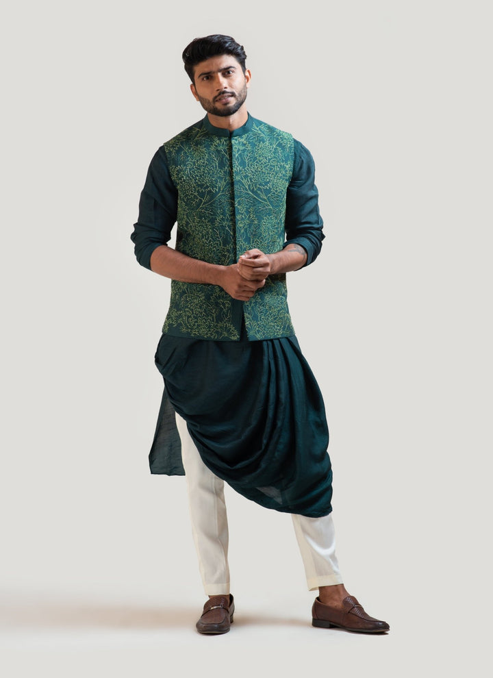 Moss Green Embroidered Nehru Smriti - Fabilicious Fashion