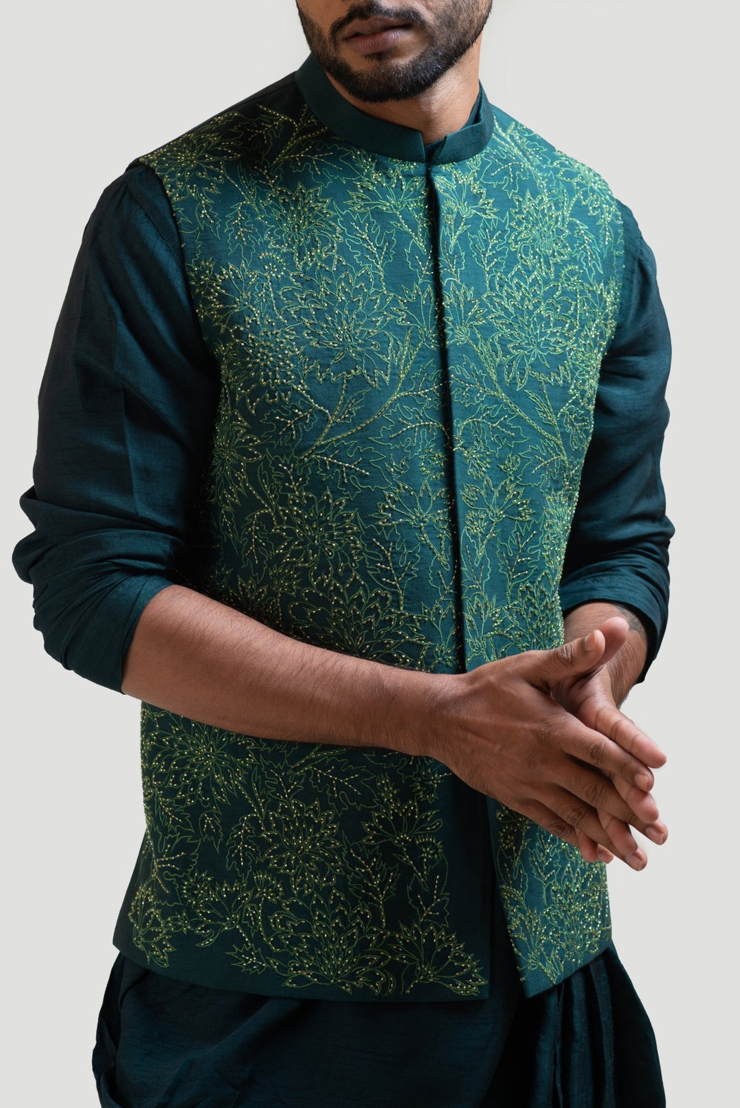 Moss Green Embroidered Nehru Smriti - Fabilicious Fashion
