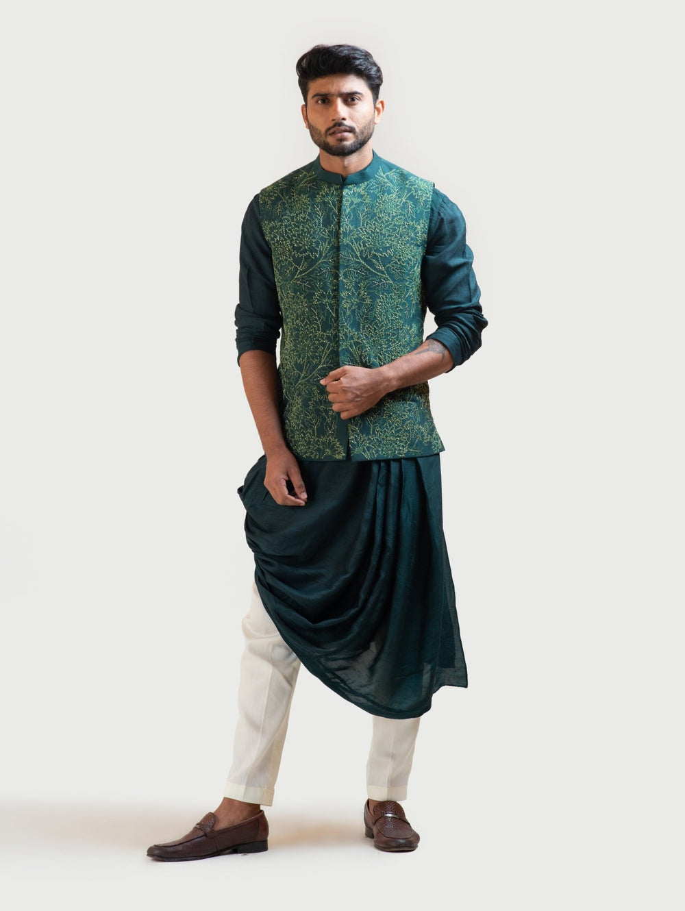 Moss Green Embroidered Nehru Smriti - Fabilicious Fashion