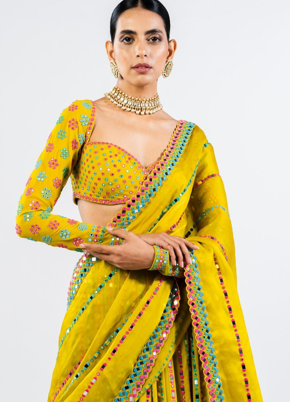 Moss Green Flower Lehenga and Full Sleeves Embroidered Blouse Set Vvani by Vani Vats - Fabilicious Fashion