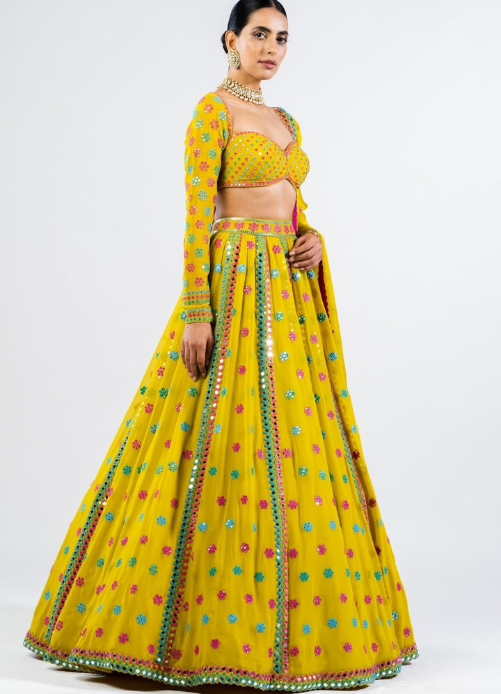 Moss Green Flower Lehenga and Full Sleeves Embroidered Blouse Set Vvani by Vani Vats - Fabilicious Fashion