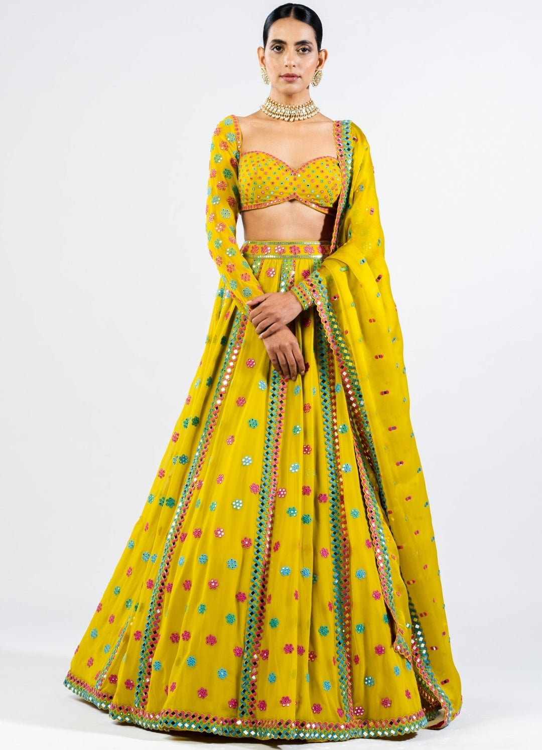 Moss Green Flower Lehenga and Full Sleeves Embroidered Blouse Set Vvani by Vani Vats - Fabilicious Fashion