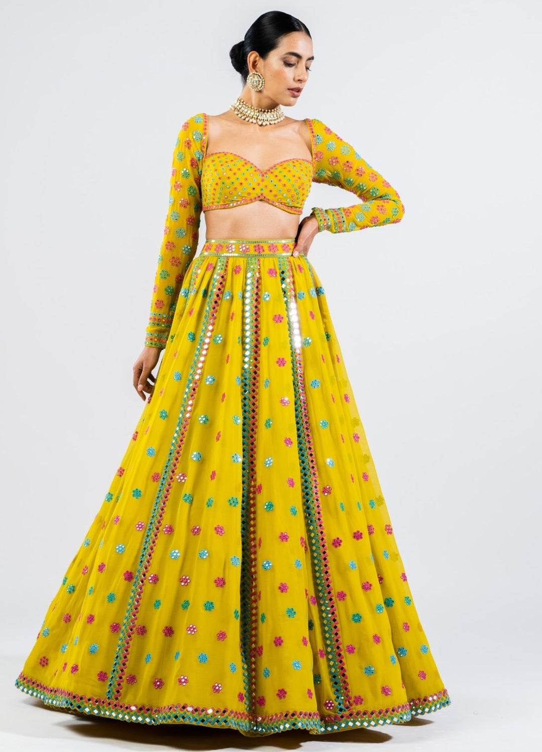 Moss Green Flower Lehenga and Full Sleeves Embroidered Blouse Set Vvani by Vani Vats - Fabilicious Fashion